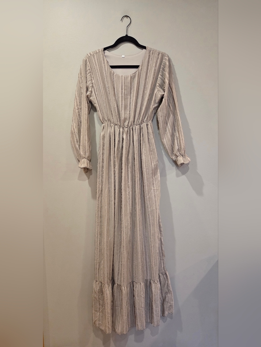 Women’s Cream Long Sleeve Maxi Dress - Lightweight Textured Stripe